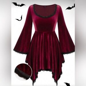 Gothic Burgundy Velvet Lace Trim Dress